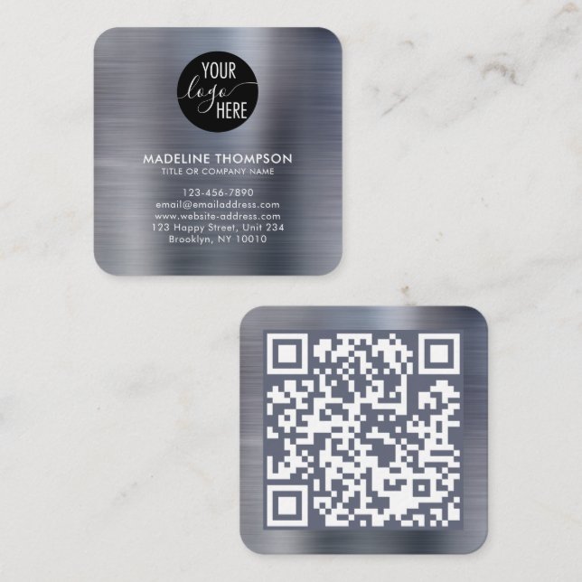 Brushed Metallic Silver Grey Company Logo QR Code Square Business Card (Front/Back)