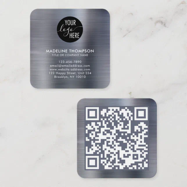 Silver Qr Code Brushed Metallic Silver Grey Company Logo QR Code Square Business Card ...