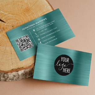 Brushed Metallic Teal Company Logo QR Code Business Card