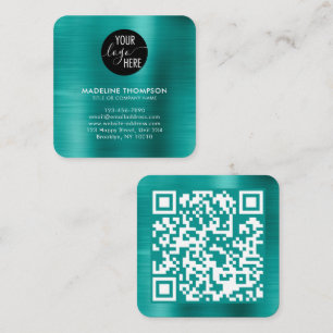 Brushed Metallic Teal Company Logo QR Code Square Business Card