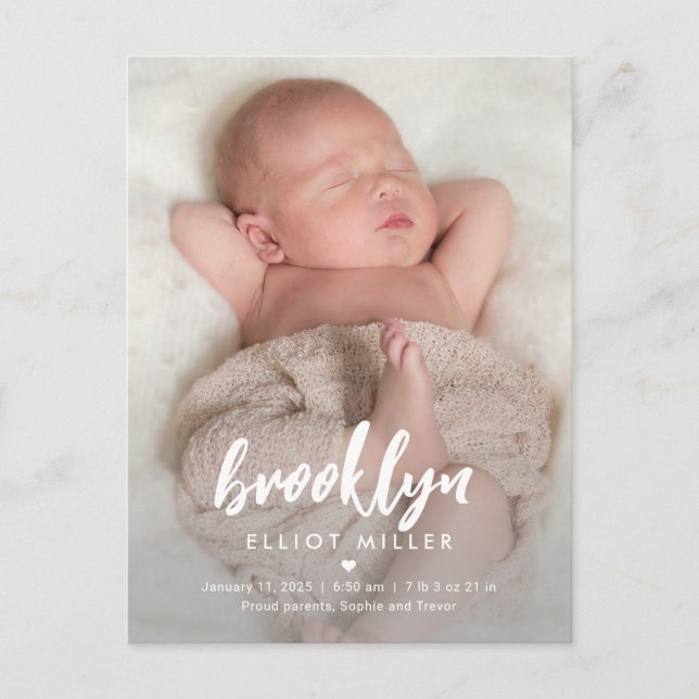 Brushed Name Modern Birth Announcement Postcard (Front)