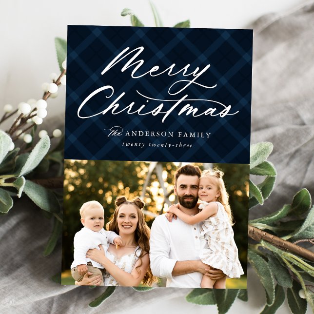 Brushed Navy Plaid Merry Christmas 3 Photo Holiday Card (Creator Uploaded)