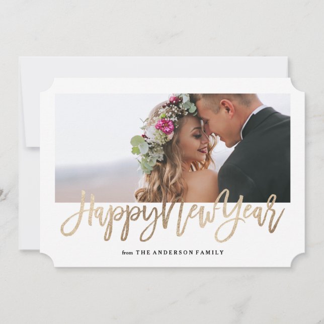 Brushed New Year Faux Gold Holiday Photo Card (Front)