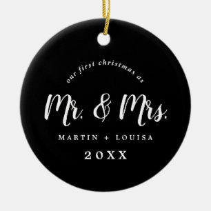 Brushed Newlywed First Christmas Wedding Photo Ceramic Ornament