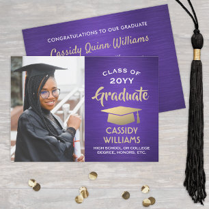 Brushed Purple and Gold Modern Graduation Photo Invitation
