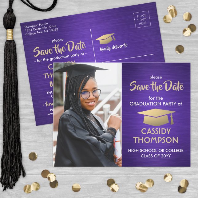Brushed Purple Graduation Photo Save the Date Postcard (Creator Uploaded)