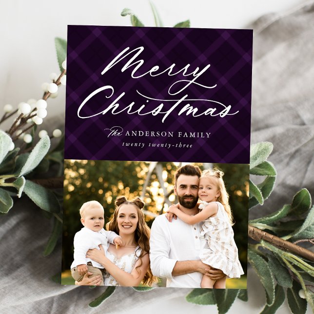 Brushed Purple Plaid Merry Christmas 3 Photo Holiday Card (Creator Uploaded)
