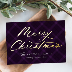 Brushed Purple Plaid Merry Christmas Non-Photo Foil Holiday Card