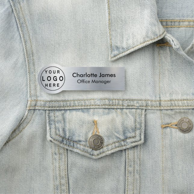 Brushed Radial Metallic Silver Name Tag with Logo (In Situ)