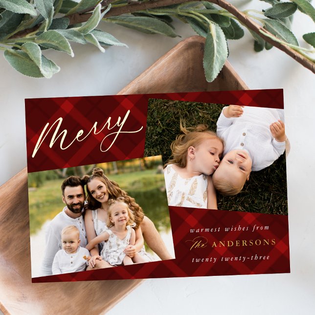Brushed Red Plaid 3 Photo Foil Holiday Card (Creator Uploaded)
