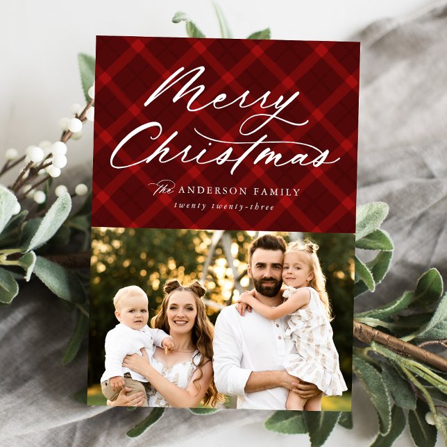 Brushed Red Plaid Merry Christmas 3 Photo Holiday Card (Creator Uploaded)