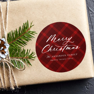 Brushed Red Plaid Merry Christmas Classic Round Sticker