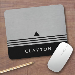 Brushed Silver and Black Manly Design Custom Name Mouse Pad