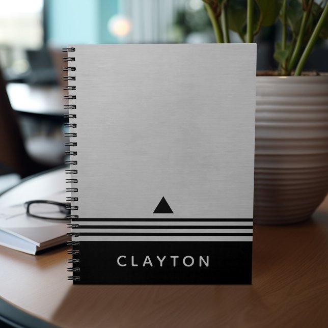 Brushed Silver and Black Space Design Custom Name Notebook (Personalized notebook with custom text - add your name and other options)