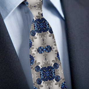 Brushed Silver and Blue Metallic Roses Tie