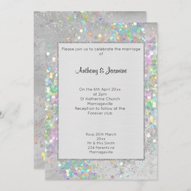 BRUSHED SILVER MARBLE HOLOGRAPHIC PASTEL WEDDING INVITATION (Front/Back)