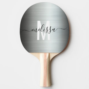 Brushed Silver Metal Monogram Handwritten script Ping Pong Paddle
