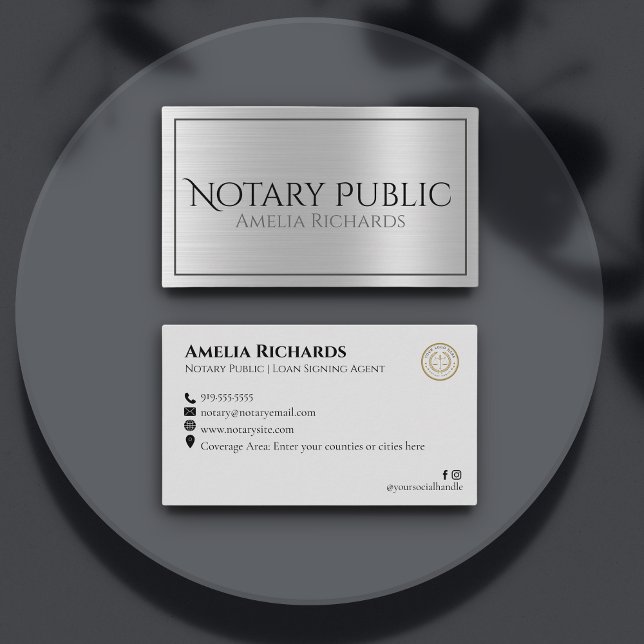 Brushed Silver Metallic Elegant Notary Public  Business Card (Creator Uploaded)