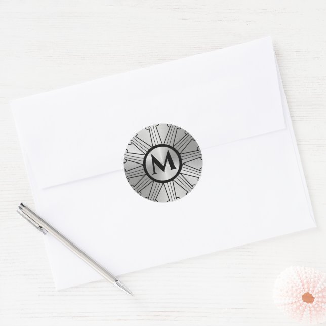 Brushed Silver Monogram Art Deco Classic Round Sticker (Envelope)