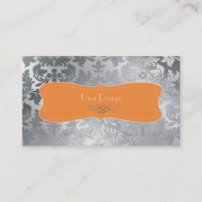 Brushed steel baroque damask business card (Front)