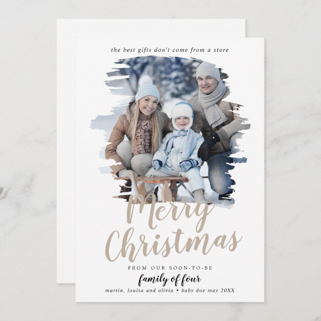 Brushed Tan Family of Four Pregnancy Photo Holiday Card (Front/Back)