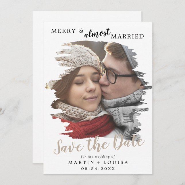 Brushed Tan Merry & Almost Married Save the Date Holiday Card (Front/Back)
