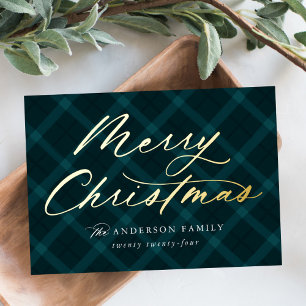 Brushed Teal Plaid Merry Christmas Non-Photo Foil Holiday Card
