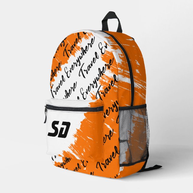 Brushed White Orange Black with Initials  Printed Backpack (Back Corner Right)