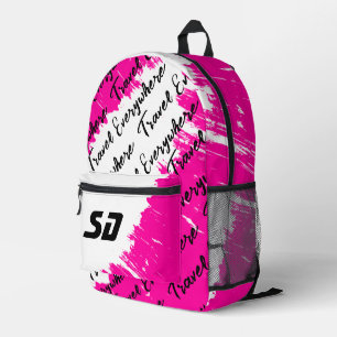 Brushed White Pink Black with Initials  Printed Backpack