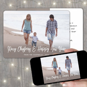 Brushed White Script Christmas & New Years 2 Photo Holiday Card