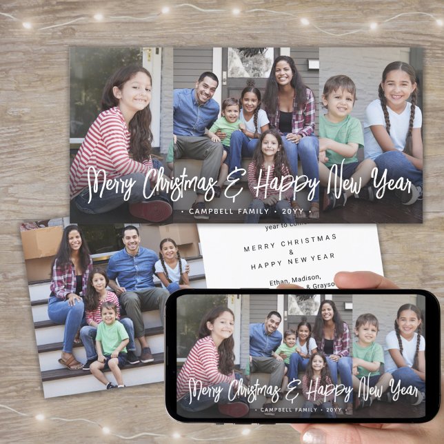 Brushed White Script Christmas & New Years 2 Photo Holiday Card (Creator Uploaded)