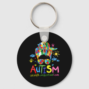 Brushstroke Autism Awareness Accept Love Messy Bun Key Ring