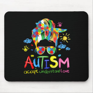 Brushstroke Autism Awareness Accept Love Messy Bun Mouse Pad