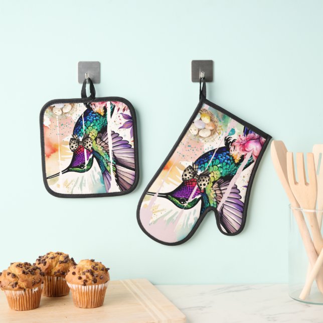 Brushstroke Bird Art Oven Mitt & Pot Holder Set (Insitu(Hanging))