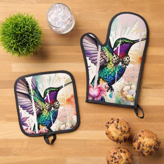 Brushstroke Bird Art Oven Mitt & Pot Holder Set (Top Down)