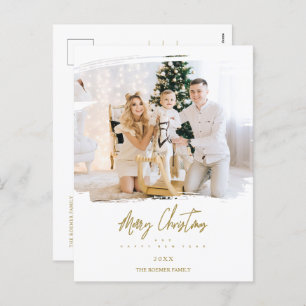 Brushstroke Christmas Golden Snowflakes Photo Holiday Postcard