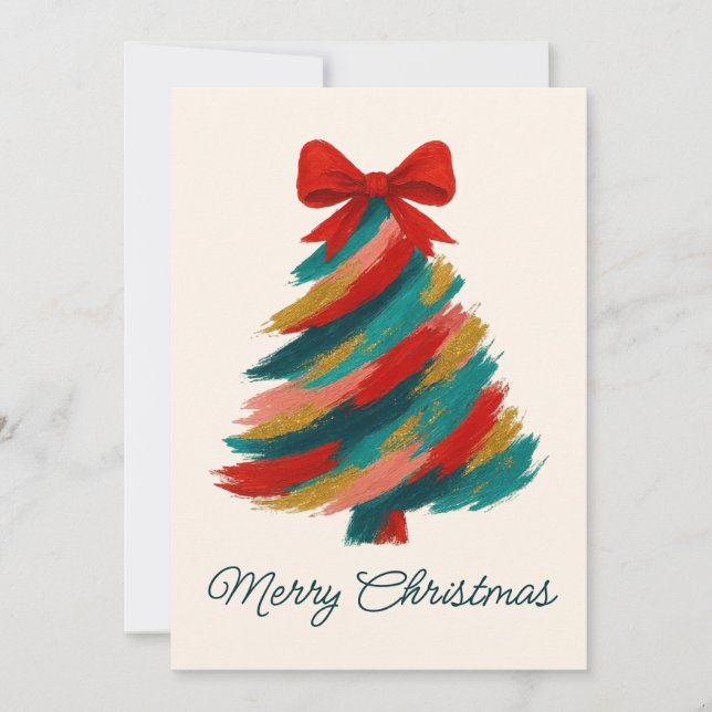 Brushstroke Christmas Tree Card with Red Bow (Front)