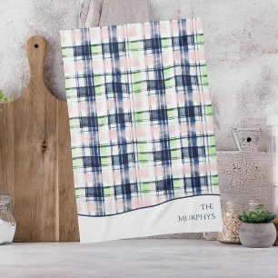 Brushstroke Navy Blue Preppy Plaid Custom Name Tea Towel