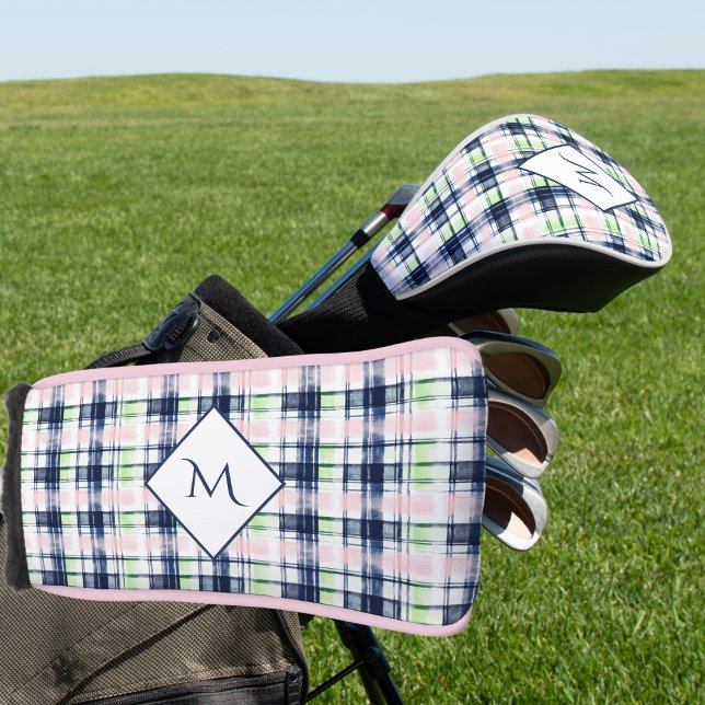 Brushstroke Navy Blue Preppy Plaid Monogrammed Golf Head Cover (Creator Uploaded)