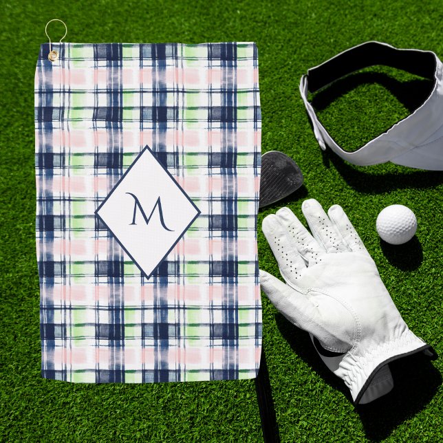 Brushstroke Navy Blue Preppy Plaid Monogrammed Golf Towel (Creator Uploaded)