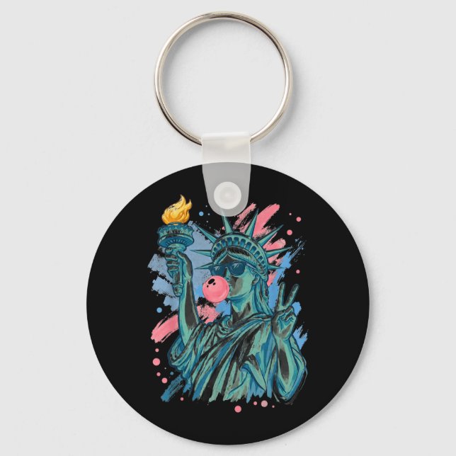 Brushstroke Statue Of Liberty Blowing Bubble Gum Key Ring (Front)