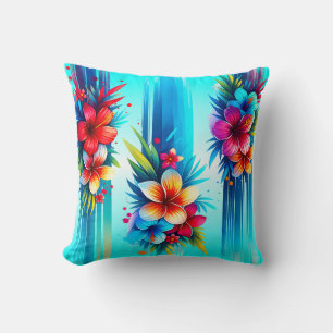 Brushstroke Tropical Floral Hibiscus, Plumeria Cushion