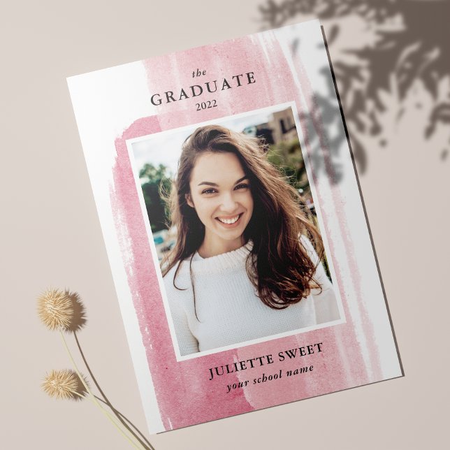 Brushstrokes | Dark Pink Photo Girly Graduation Invitation (Creator Uploaded)
