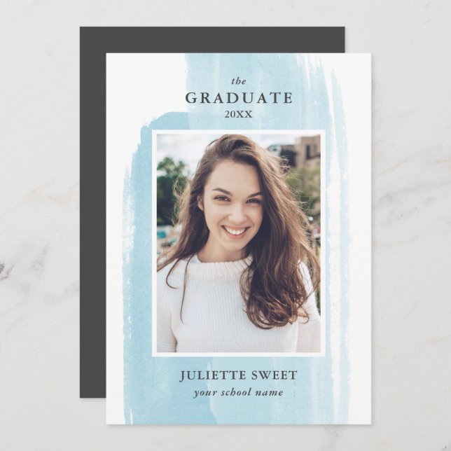 Brushstrokes | Light  Blue Photo Girly Graduation Invitation (Front/Back)
