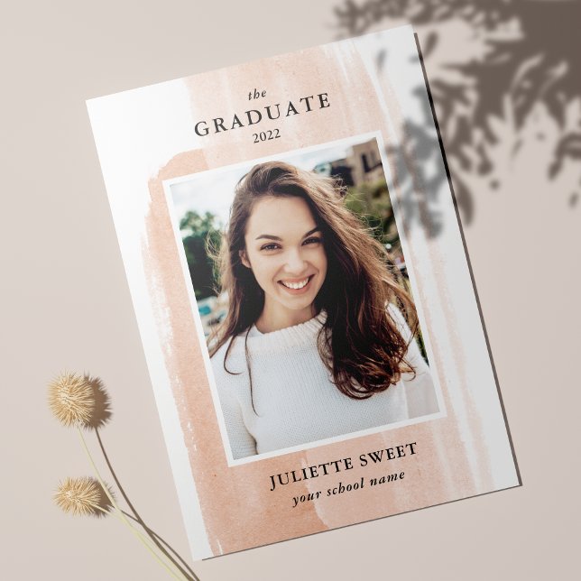 Brushstrokes | Peach Photo Girly Graduation  Invitation (Creator Uploaded)