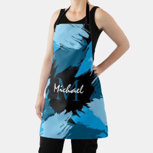 Brushstrokes shades of blue name with monogram apron