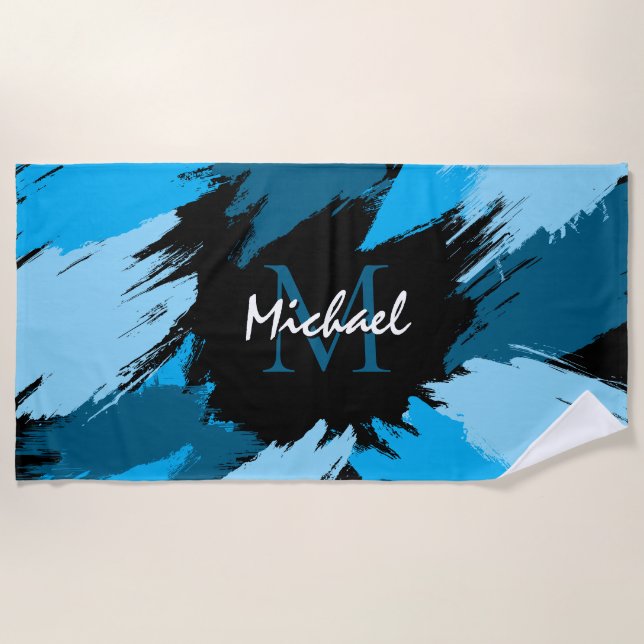 Brushstrokes shades of blue name with monogram beach towel (Front)