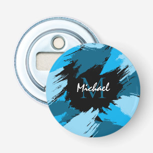 Brushstrokes shades of blue name with monogram bottle opener