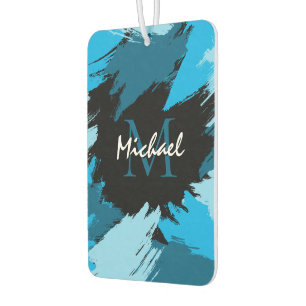 Brushstrokes shades of blue name with monogram car air freshener