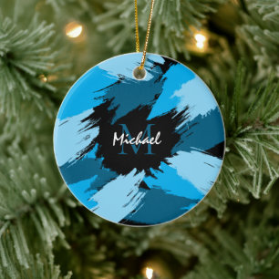 Brushstrokes shades of blue name with monogram ceramic ornament